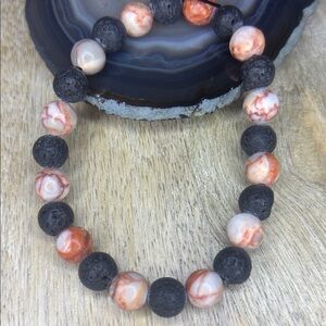 Red Zebra Jasper And Lava Beaded Stone Stretch Bracelet